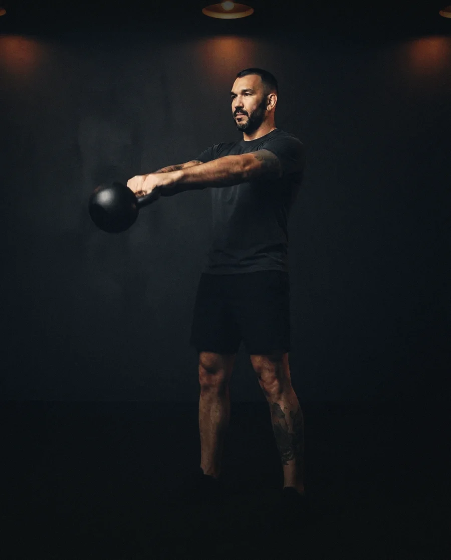 Frankie demonstrates Two-hand kettlebell swing