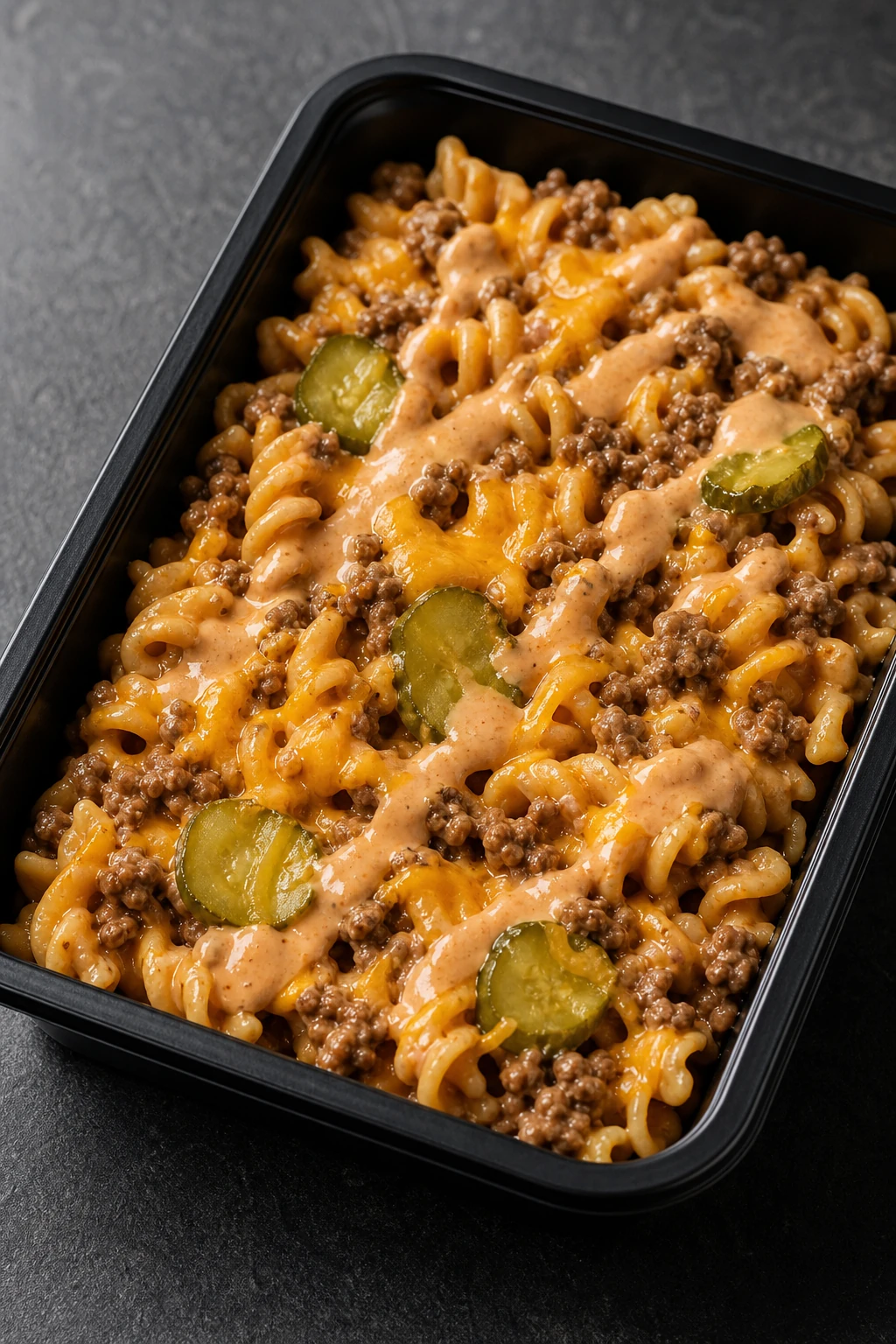 Big Mac pasta in a meal-prep container: seasoned beef, cheddar and pickles over pasta